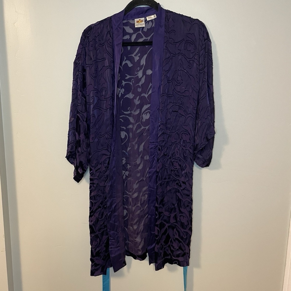 Mary Green Women's One Size Purple Silk Blend‎ Robe With Blue Belt Vintage